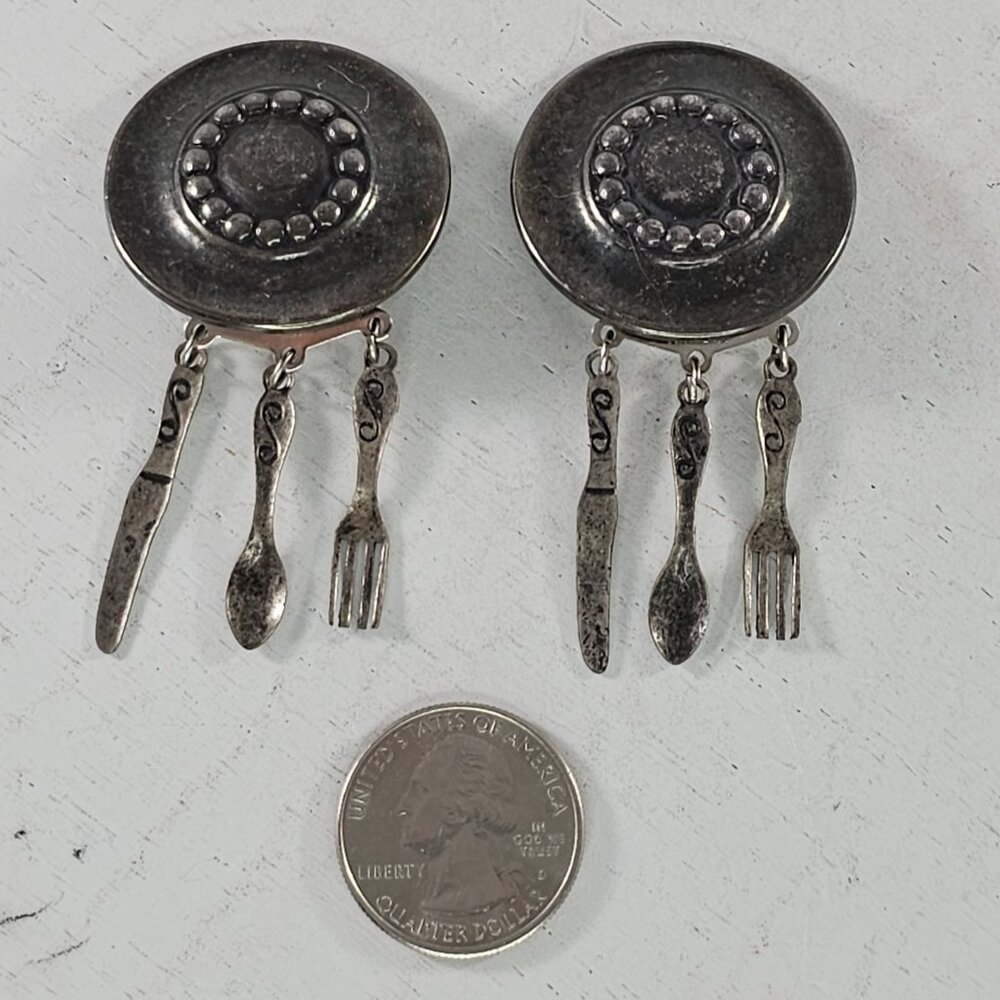 Vintage Clip On Earrings With Dangling Utensils Fork Spoo Knife Charms - Picture 2 of 8